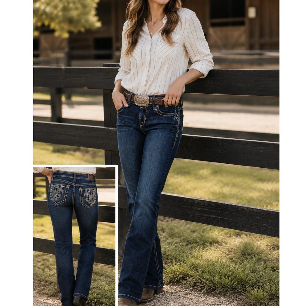 Ariat Turquoise Womens Jeans 28L Bootcut Fleur De Lis Embroidered Western Y2K